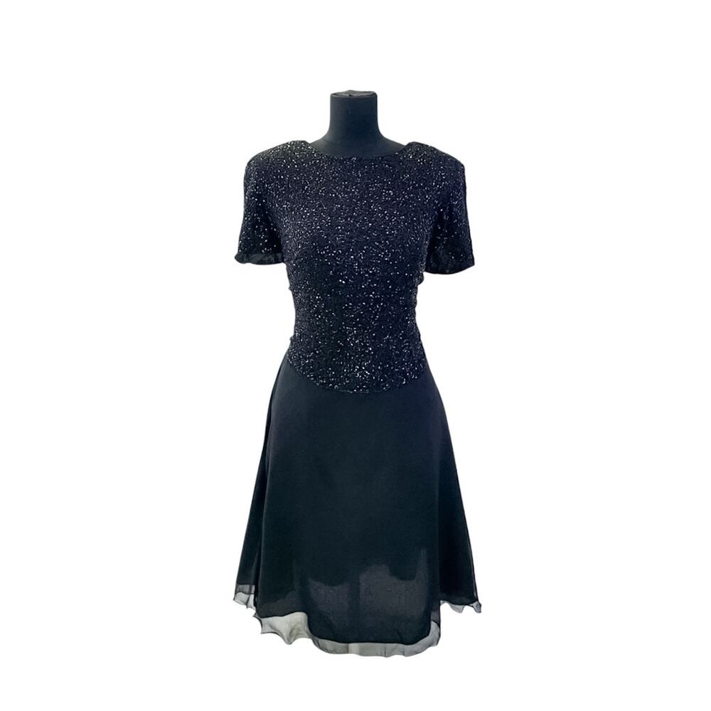 Papell Boutique Black Silk Hand Beaded Evening Dress Size 14